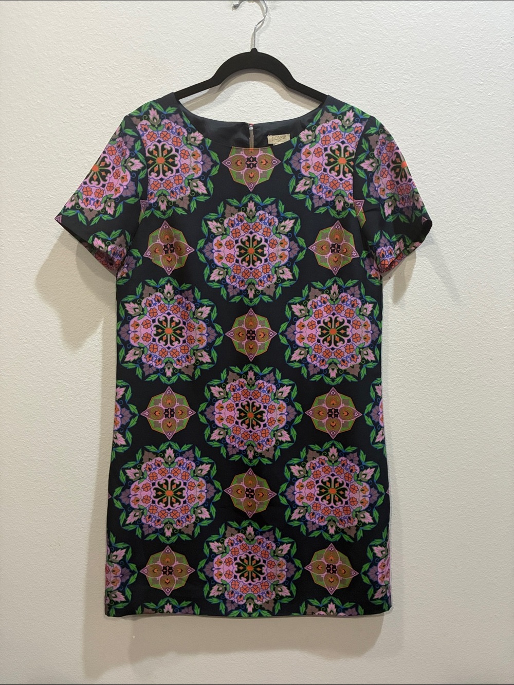 J. Crew Lined Black Shift Dress with Pink & Green Floral Mosaic